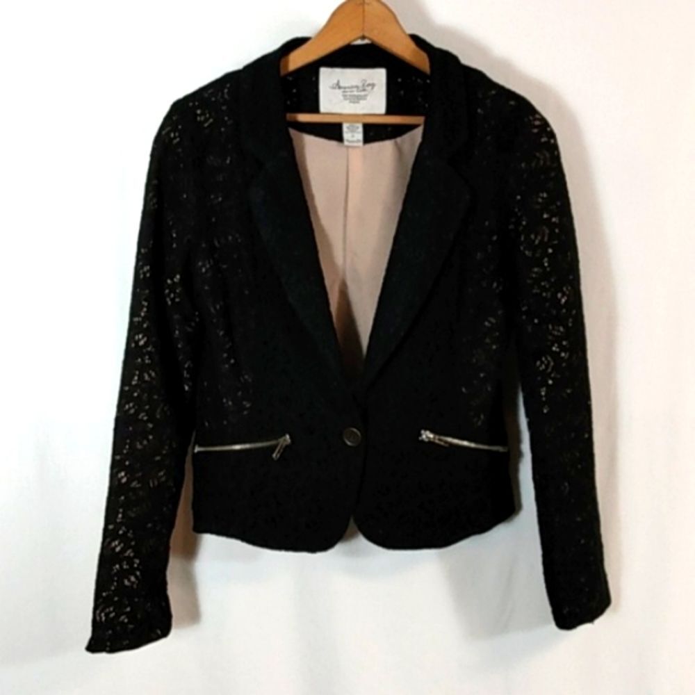 American Rag Cie black lace single button jacket, size S
